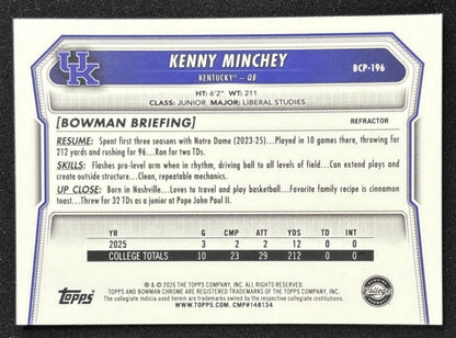 Kenny Minchey 2026 Bowman Chrome Prospects Refractor /499 Wildcats