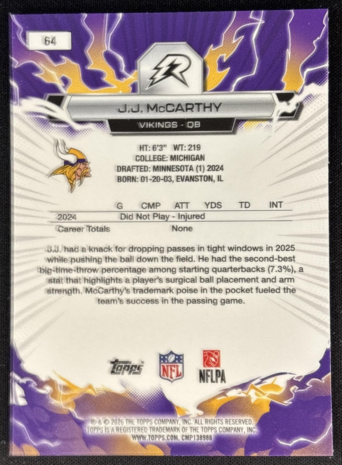 J.J. McCarthy 2025 Topps Resurgence Vikings Minnesota Vikings back