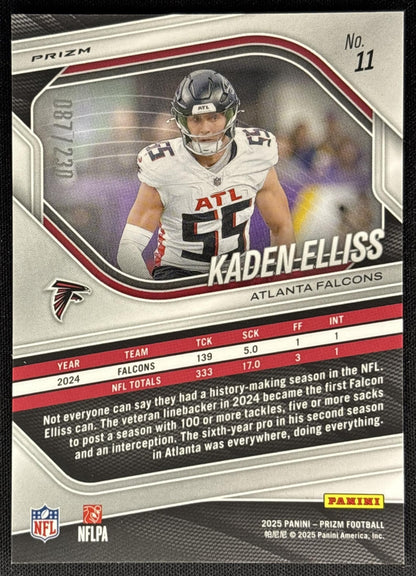 Kaden Elliss 2025 Panini Prizm Blue Wave /230 Falcons Sports Trading Card