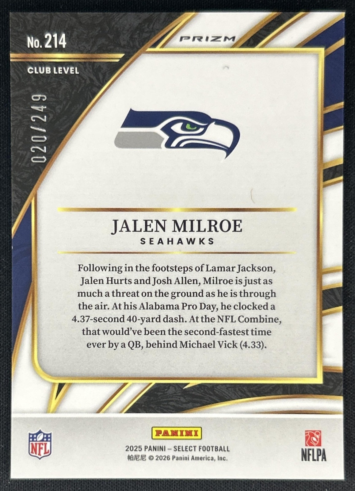 Jalen Milroe 2025 Panini Select Club Level Tri-Color Prizm /249 Seahawks back