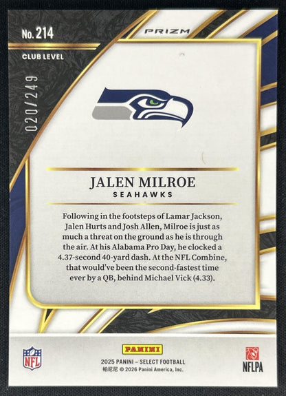 Jalen Milroe 2025 Panini Select Club Level Tri-Color Prizm /249 Seahawks back
