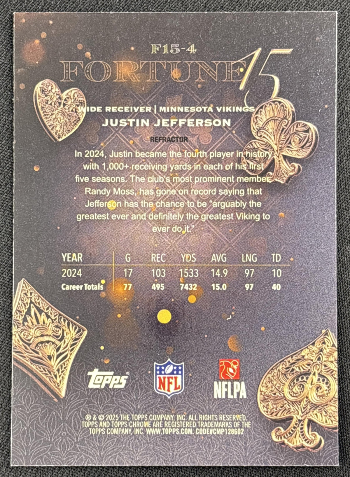 Justin Jefferson 2025 Topps Chrome Fortune 15 Refractor Vikings
