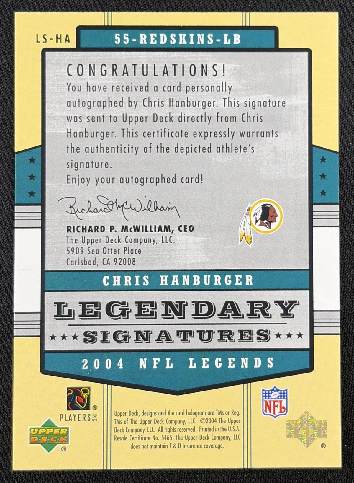 Chris Hanburger 2004 Upper Deck Legends Legendary Signatures Auto Redskins Sports Trading Card