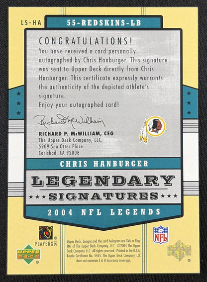 Chris Hanburger 2004 Upper Deck Legends Legendary Signatures Auto Redskins Sports Trading Card