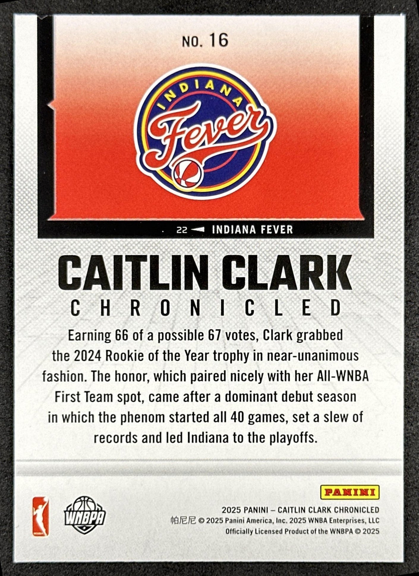 Caitlin Clark 2025 Panini Chronicled WNBA Holo Fever 16 Indiana Fever