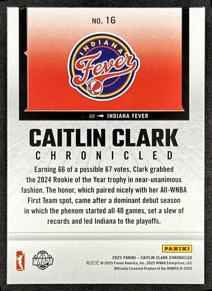 Caitlin Clark 2025 Panini Chronicled WNBA Holo Fever 16 Indiana Fever