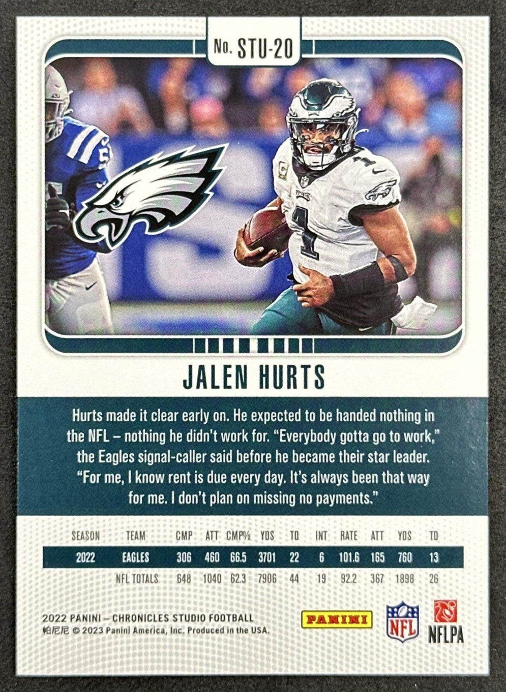 Jalen Hurts 2022 Chronicles Studio Purple /25 Eagles Sports Trading Cards