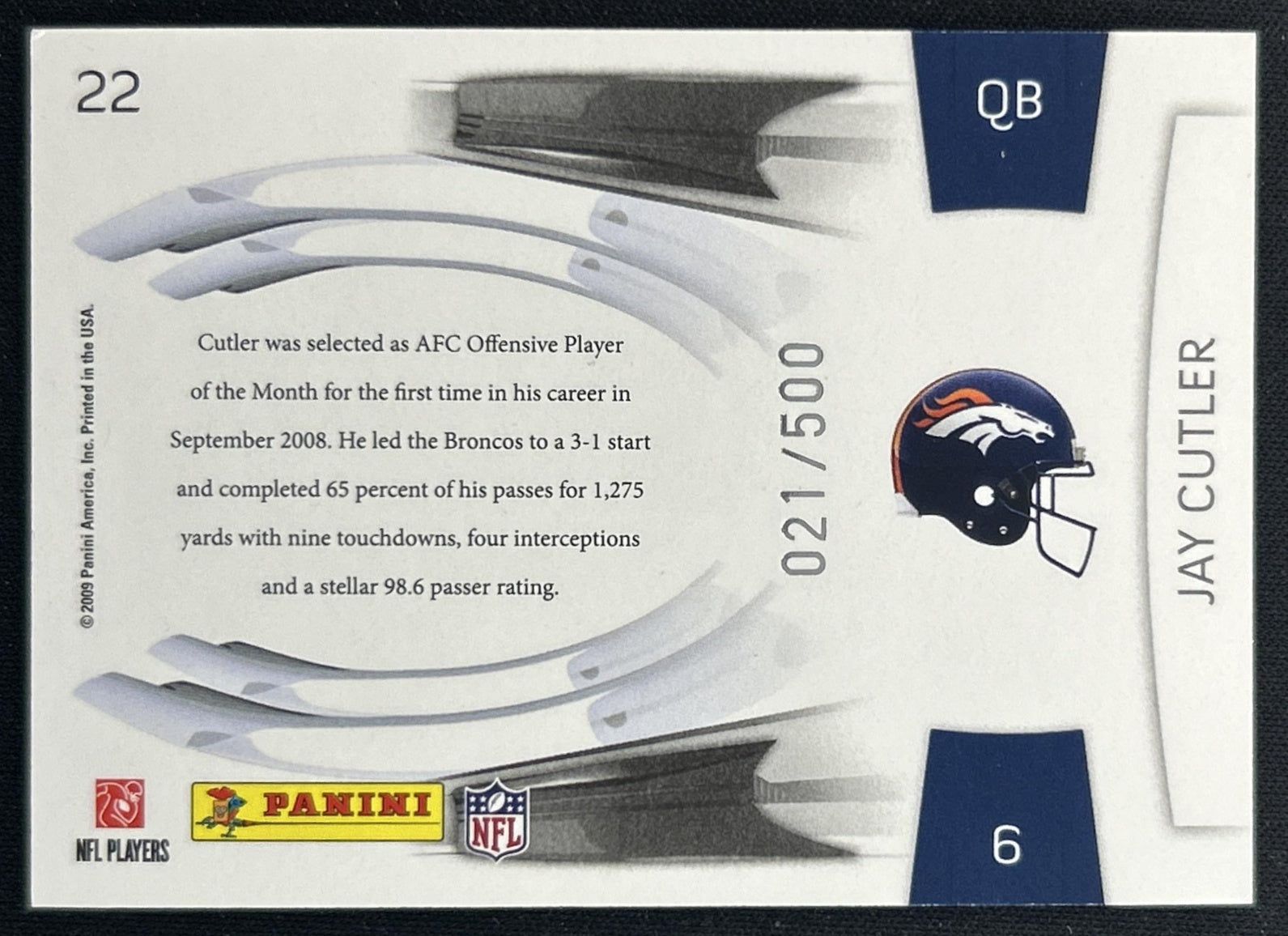 Jay Cutler 2009 Panini Playoff Prestige Prestigious Pros Green /500 Broncos back