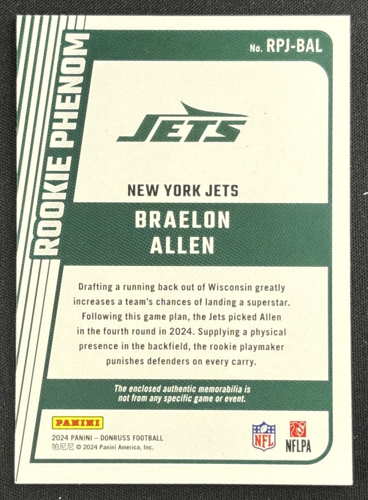 Braelon Allen 2024 Panini Donruss Rookie Phenom Jerseys Jets