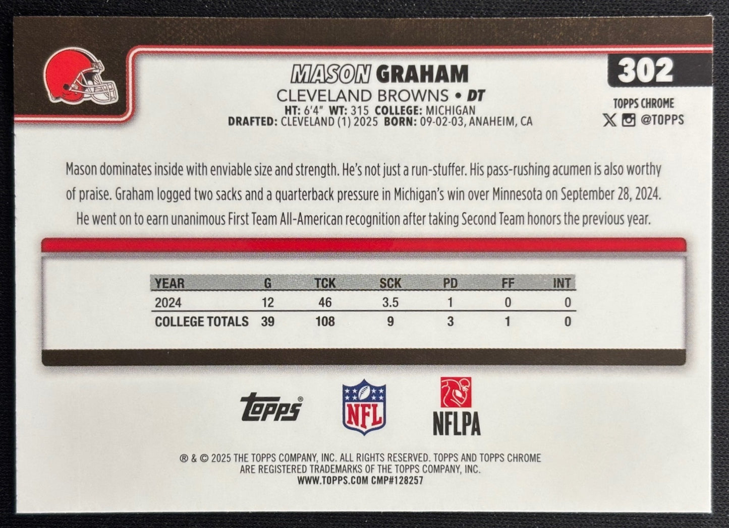 Mason Graham 2025 Topps Chrome Rookie Browns Sports Trading Cards