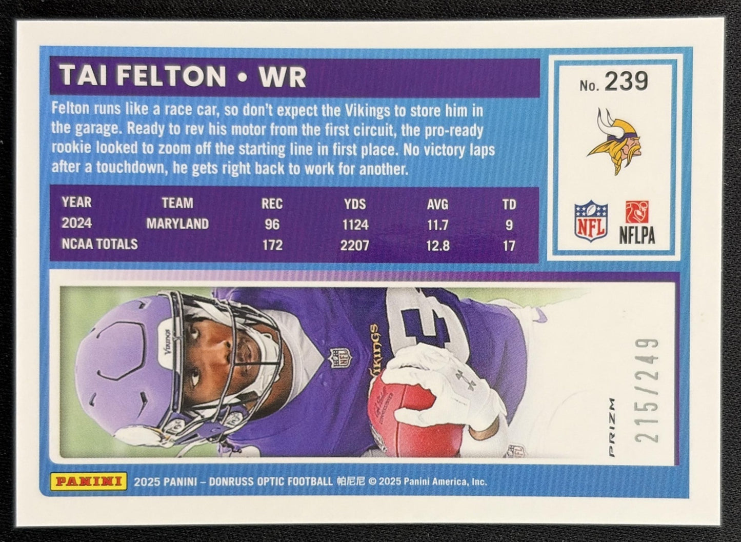 Tai Felton 2025 Panini Donruss Optic Rated Rookie Blue Prizm /249 Vikings back