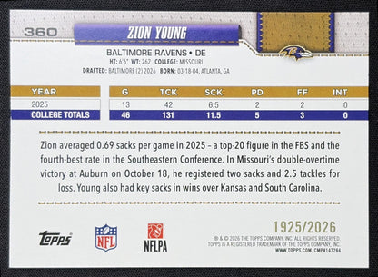 Zion Young 2026 Topps Gold /2026 Ravens back