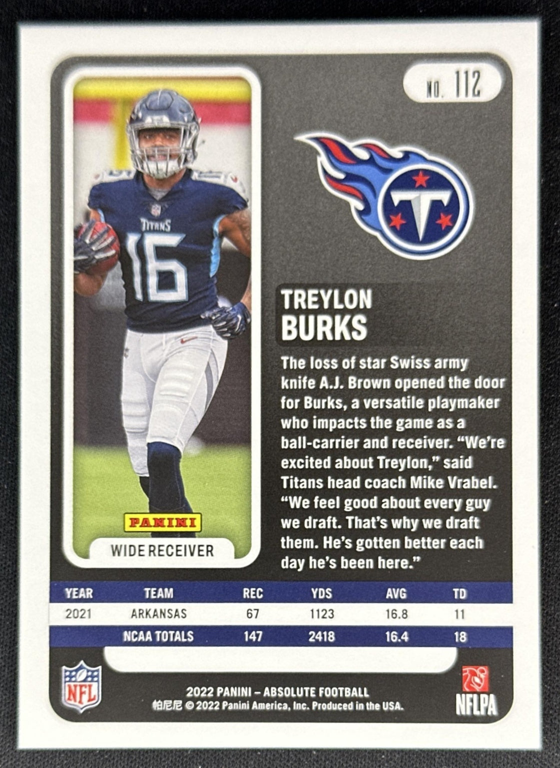 Treylon Burks 2022 Panini Absolute Spectrum Silver /275 Titans back