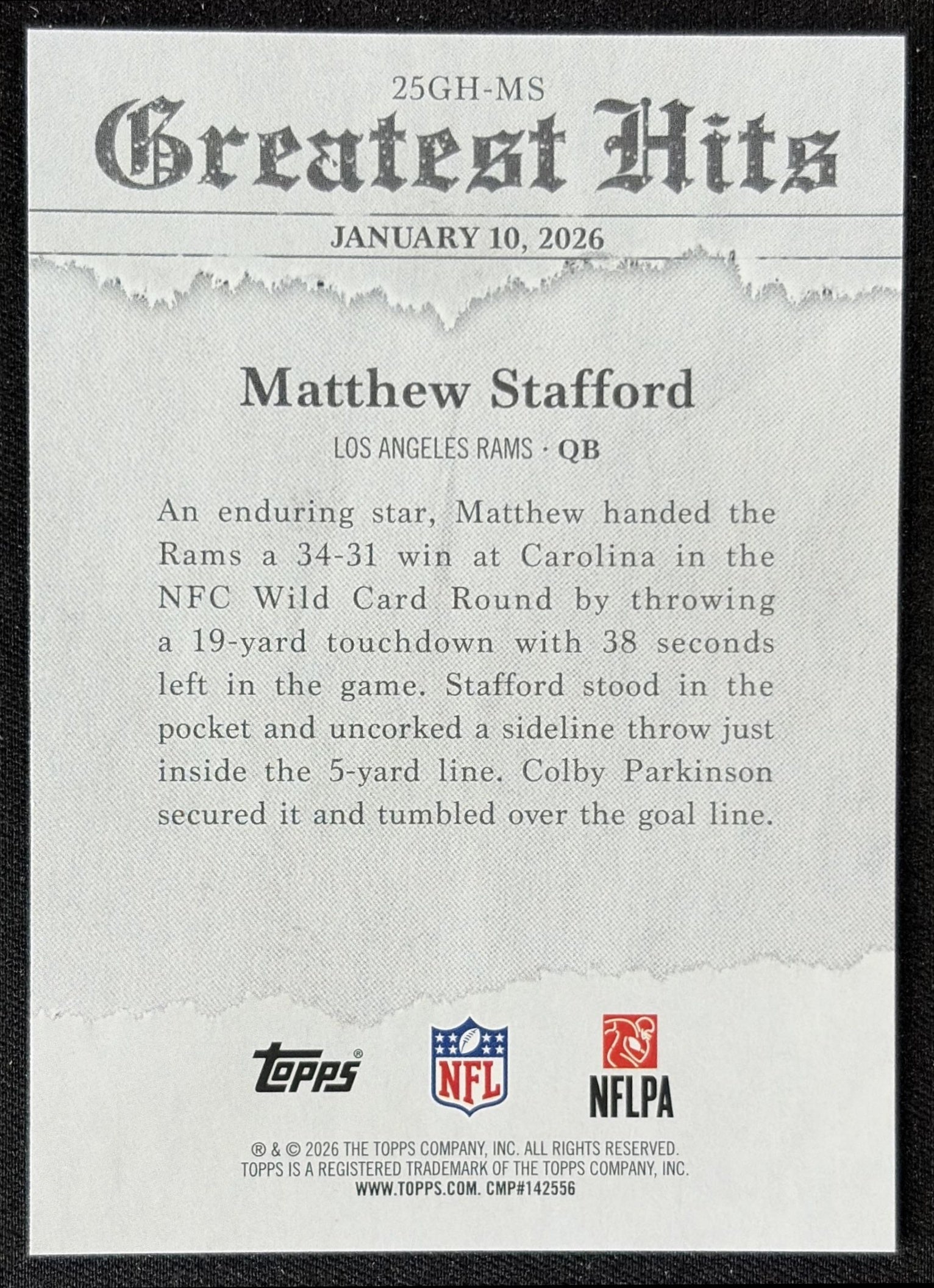 Matthew Stafford 2026 Topps 2025 Greatest Hits Rams back