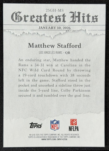 Matthew Stafford 2026 Topps 2025 Greatest Hits Rams back