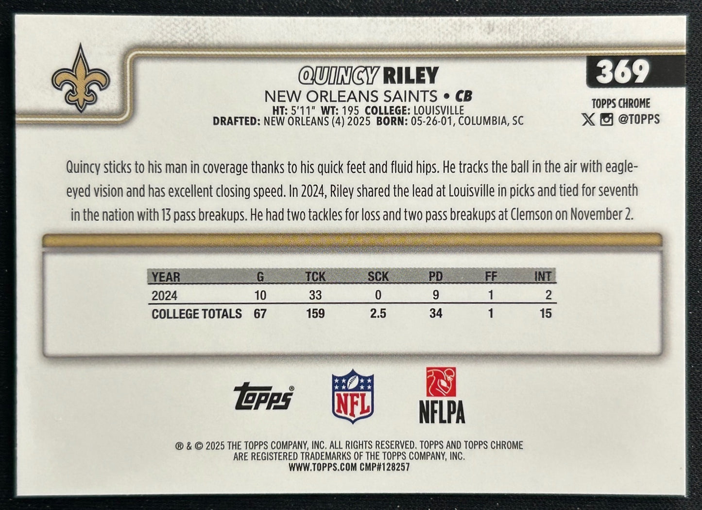 Quincy Riley 2025 Topps Chrome Rookie Saints Sports Trading Cards