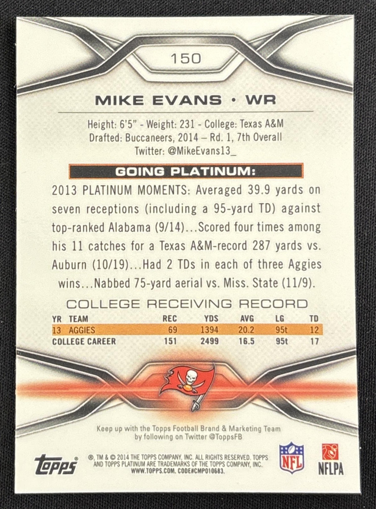 Mike Evans 2014 Topps Platinum Buccaneers back