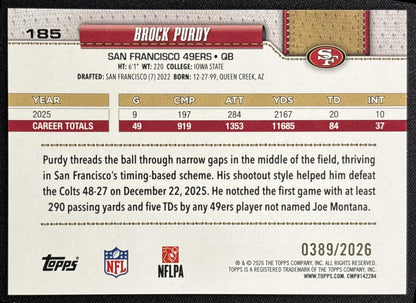 Brock Purdy 2026 Topps Gold /2026 49ers Sports Trading Card
