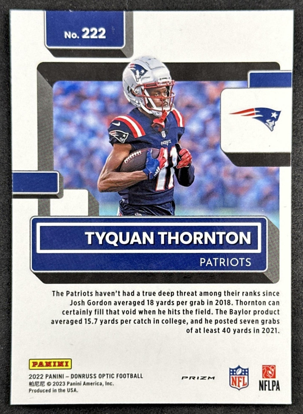 Tyquan Thornton 2022 Panini Donruss Optic Purple Shock Patriots Chiefs Back