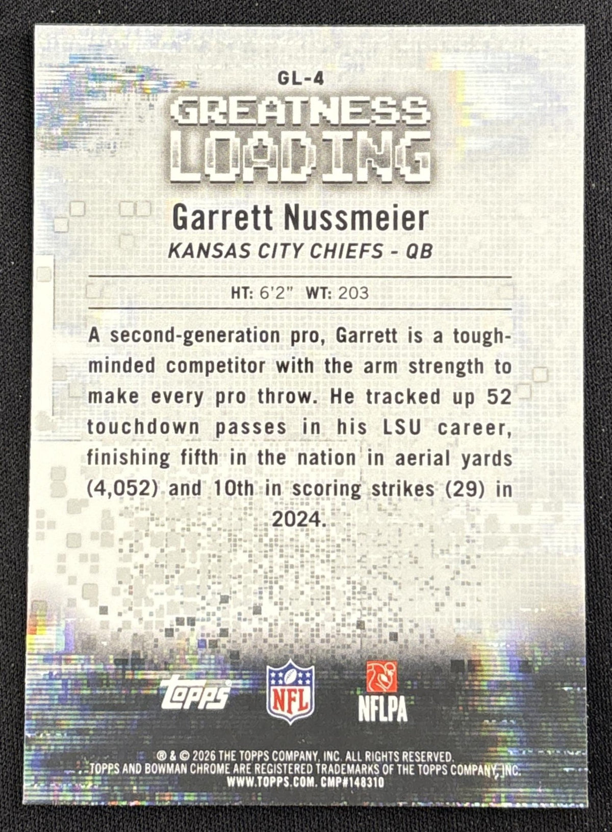 Garrett Nussmeier 2026 Bowman Greatness Loading Chiefs back
