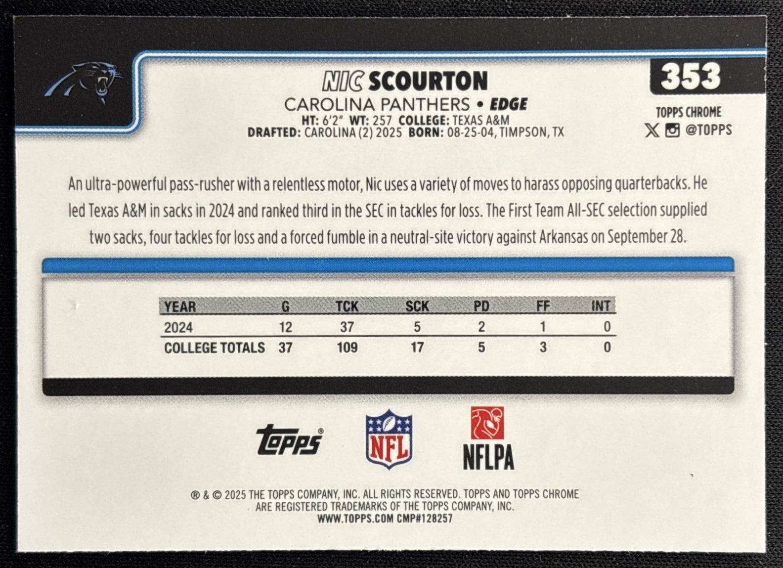 Nic Scourton 2025 Topps Chrome Rookie Red/White/Blue Refractor Panthers Sports Trading Cards