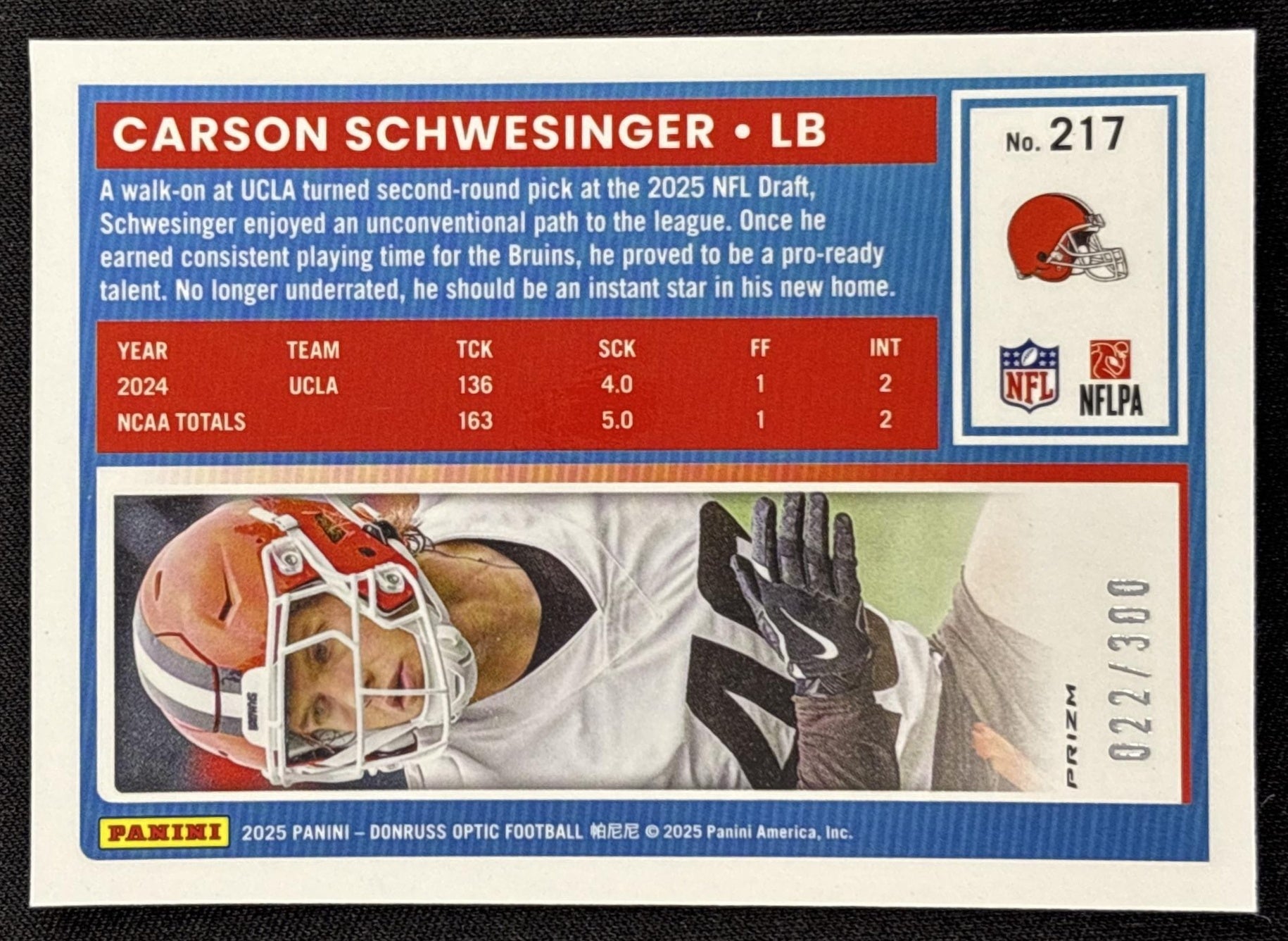 Carson Schwesinger 2025 Panini Donruss Optic Rated Rookie Wave Prizm /300 Browns - back
