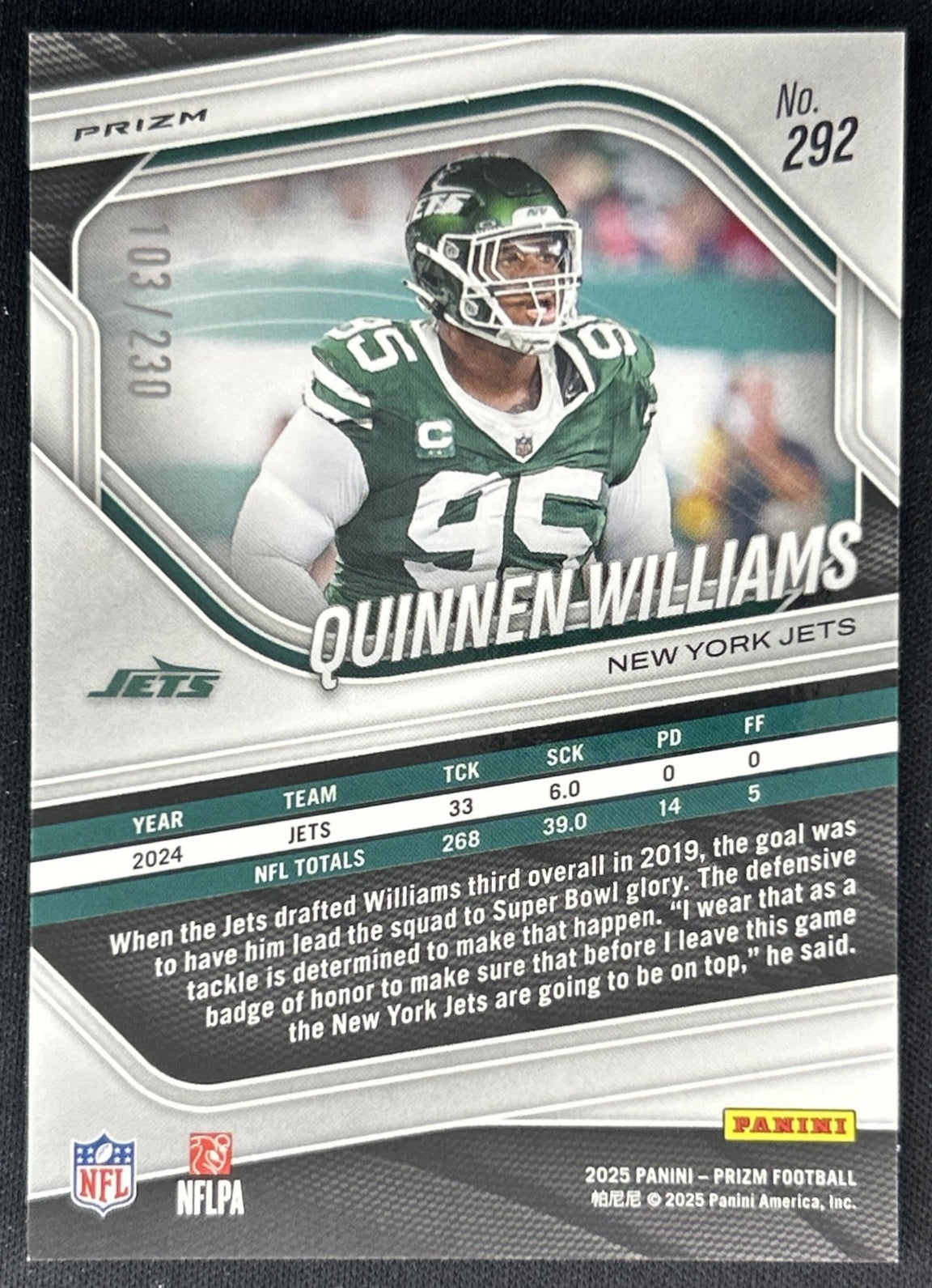 Quinnen Williams 2025 Panini Prizm Blue Wave /230 Jets