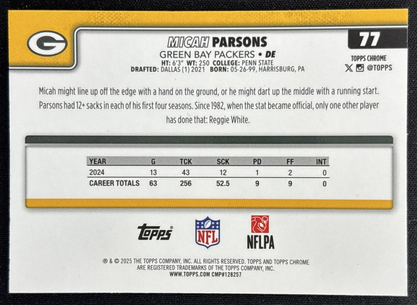 Micah Parsons 2025 Topps Chrome Red/White/Blue Refractor Packers