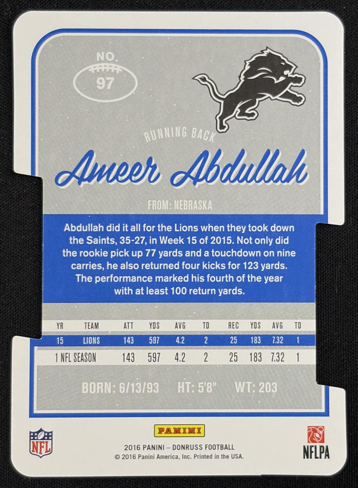 Back of Ameer Abdullah 2016 Panini Donruss Press Proofs Silver Die Cut /75 Lions sports trading card