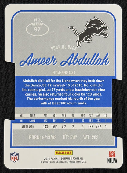 Back of Ameer Abdullah 2016 Panini Donruss Press Proofs Silver Die Cut /75 Lions sports trading card