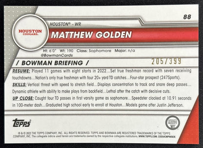 Matthew Golden 2023 Bowman University Chrome Purple Mini Diamond Refractor /399 back