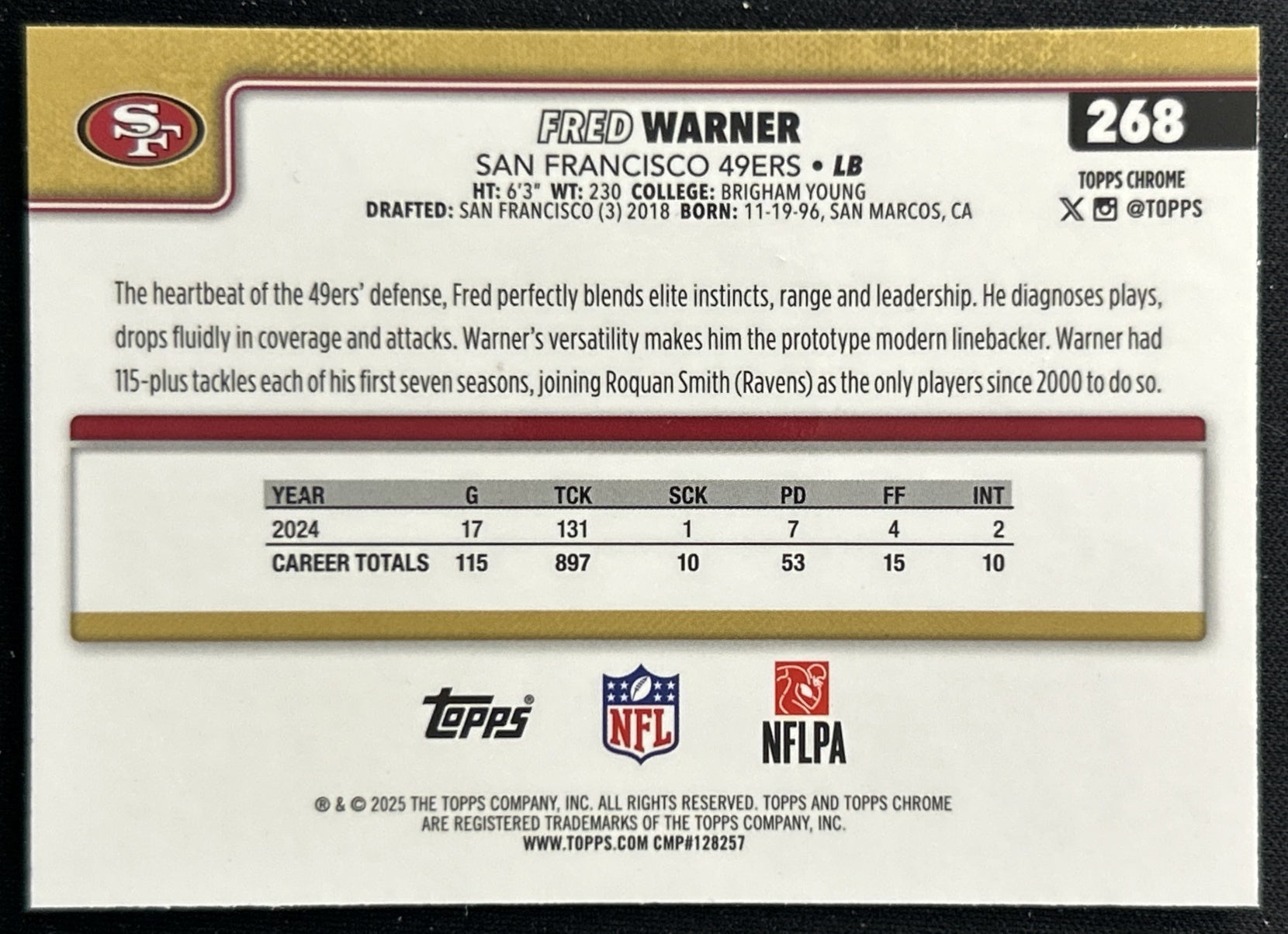 Fred Warner 2025 Topps Chrome 49ers