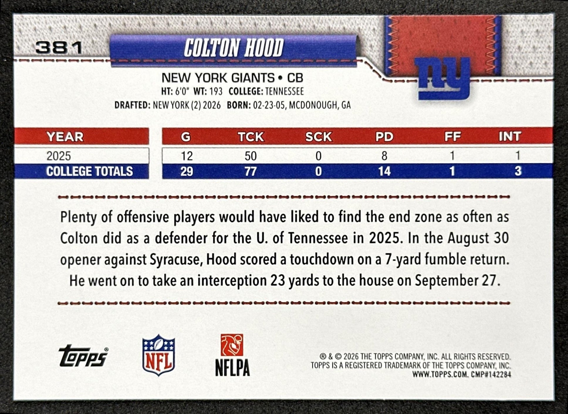 Colton Hood 2026 Topps Flagship Rookie Giants Sports Trading Cards