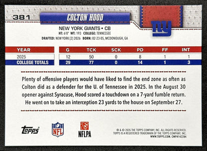 Colton Hood 2026 Topps Flagship Rookie Giants Sports Trading Cards