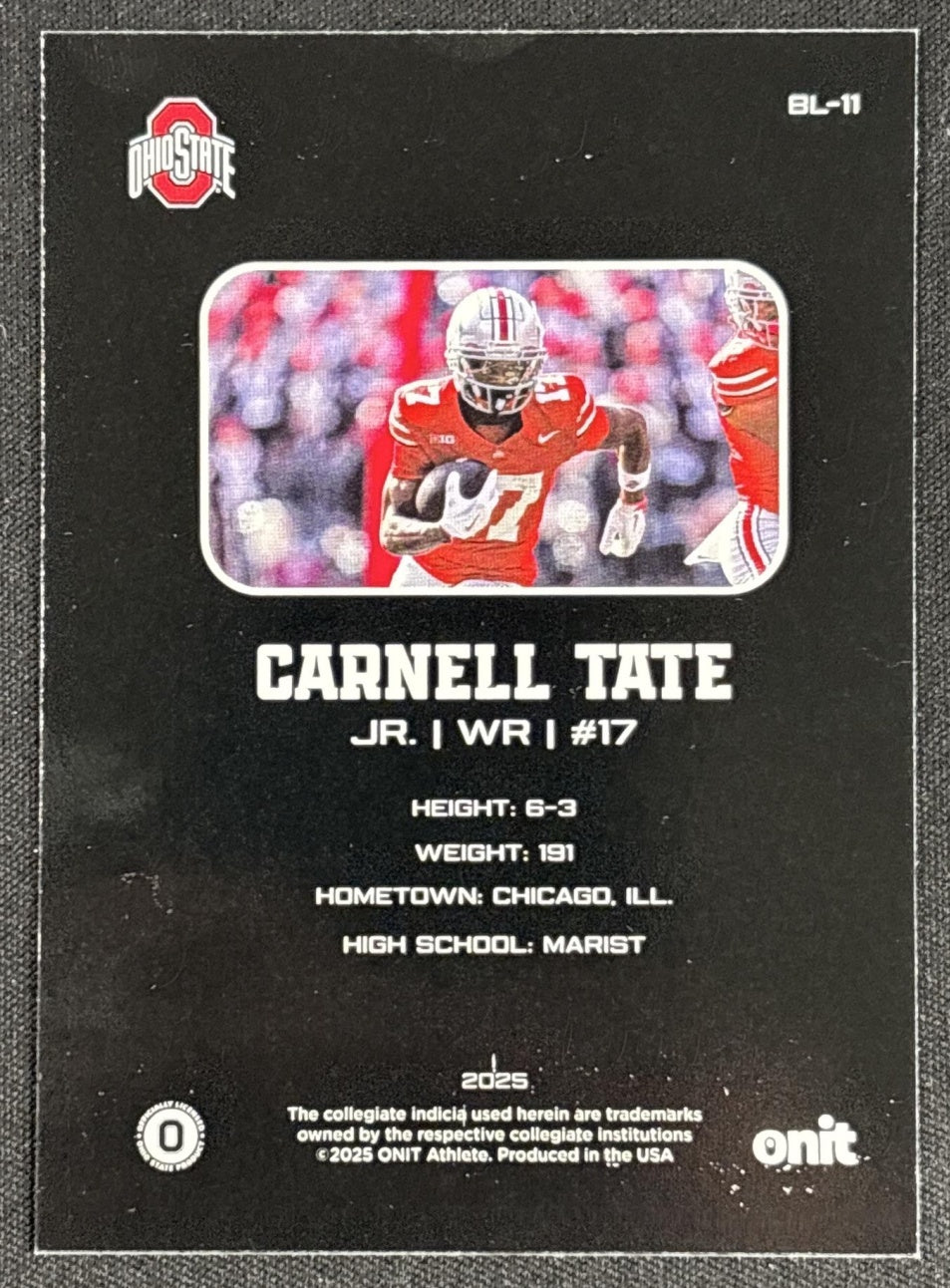 Carnell Tate 2025 ONIT Athlete Ohio State Buckeyes Blackout Team Color /199 Titans Sports Trading Cards