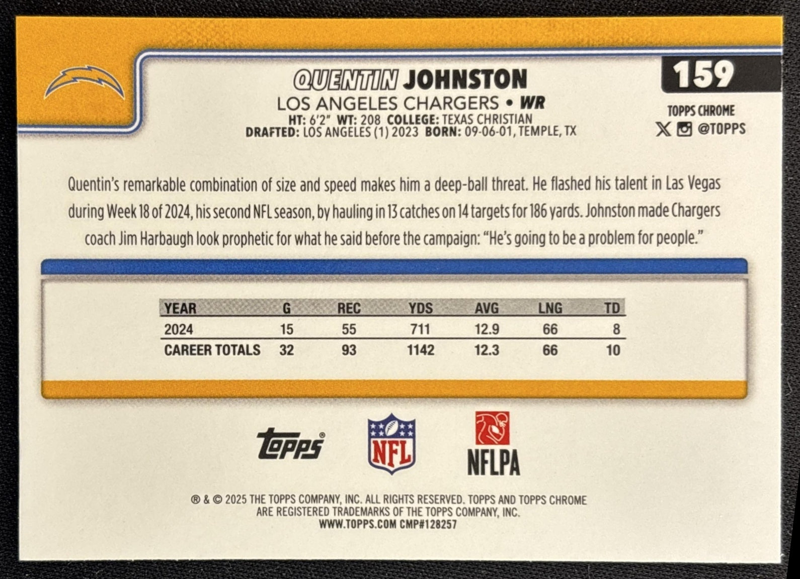 Quentin Johnston 2025 Topps Chrome Pulsar Refractor Chargers back