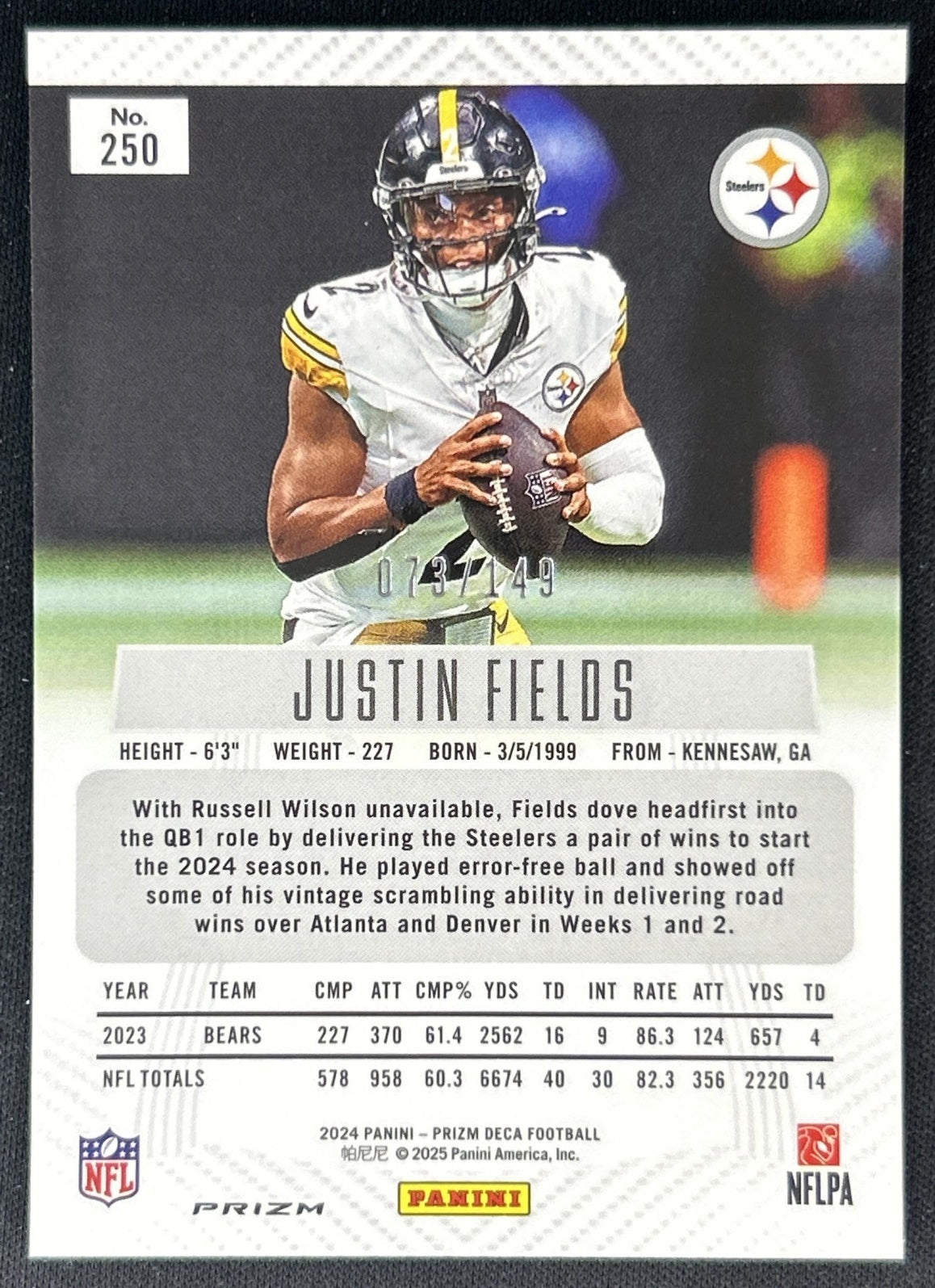 Justin Fields 2024 Panini Prizm Deca Blue /149 Steelers back