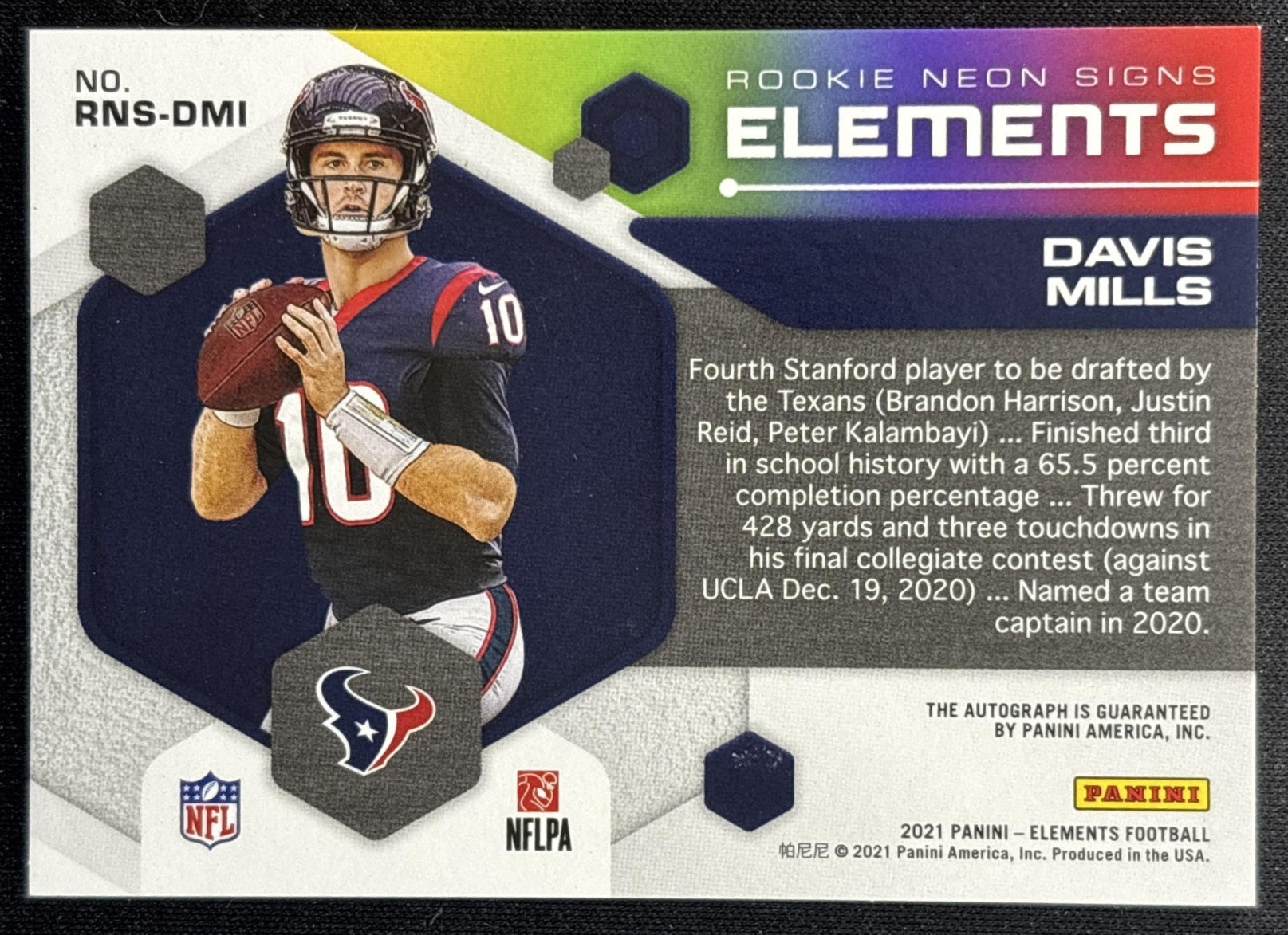 Davis Mills 2022 Panini Elements Neon Signs /125 Texans back