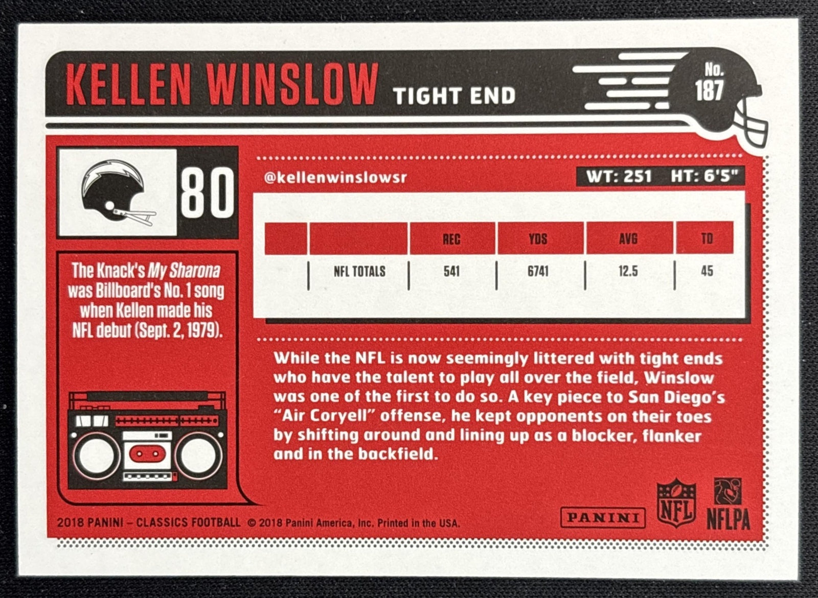 Kellen Winslow 2018 Panini Classics Red Back /299 Chargers back