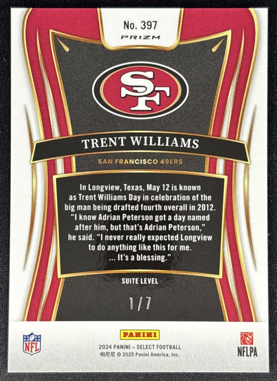 Trent Williams 2024 Panini Select Suite Neon Orange Pulsar Prizm /7 49ers Football