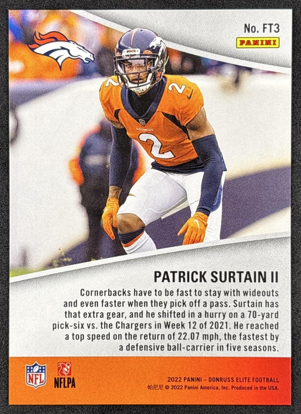 Patrick Surtain II 2022 Panini Donruss Elite Full Throttle /349 Broncos back
