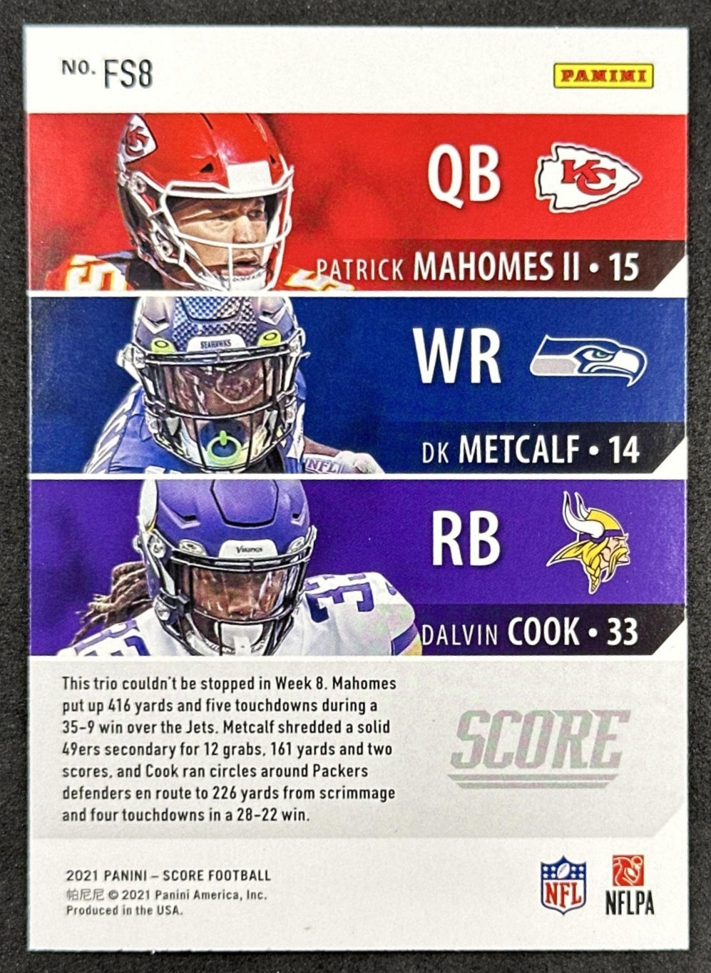 Patrick Mahomes DK Metcalf Dalvin Cook 2021 Score Fantasy Stars Chiefs Seahawks Vikings back sports trading card
