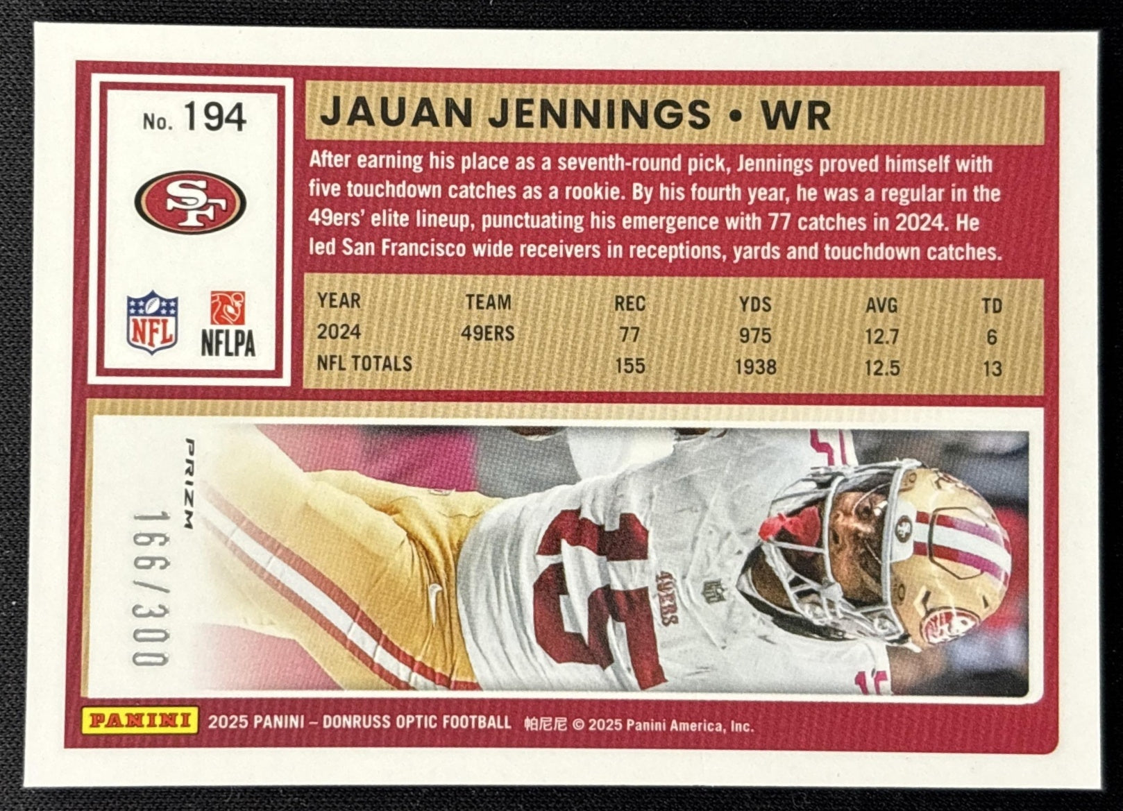 Jauan Jennings 2025 Panini Donruss Optic Wave Prizm /300 49ers back
