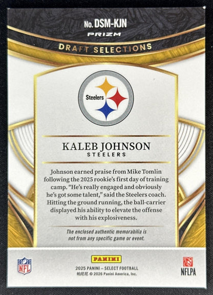 Kaleb Johnson 2025 Panini Select Draft Selections Memorabilia Red Prizm Steelers Sports Trading Cards
