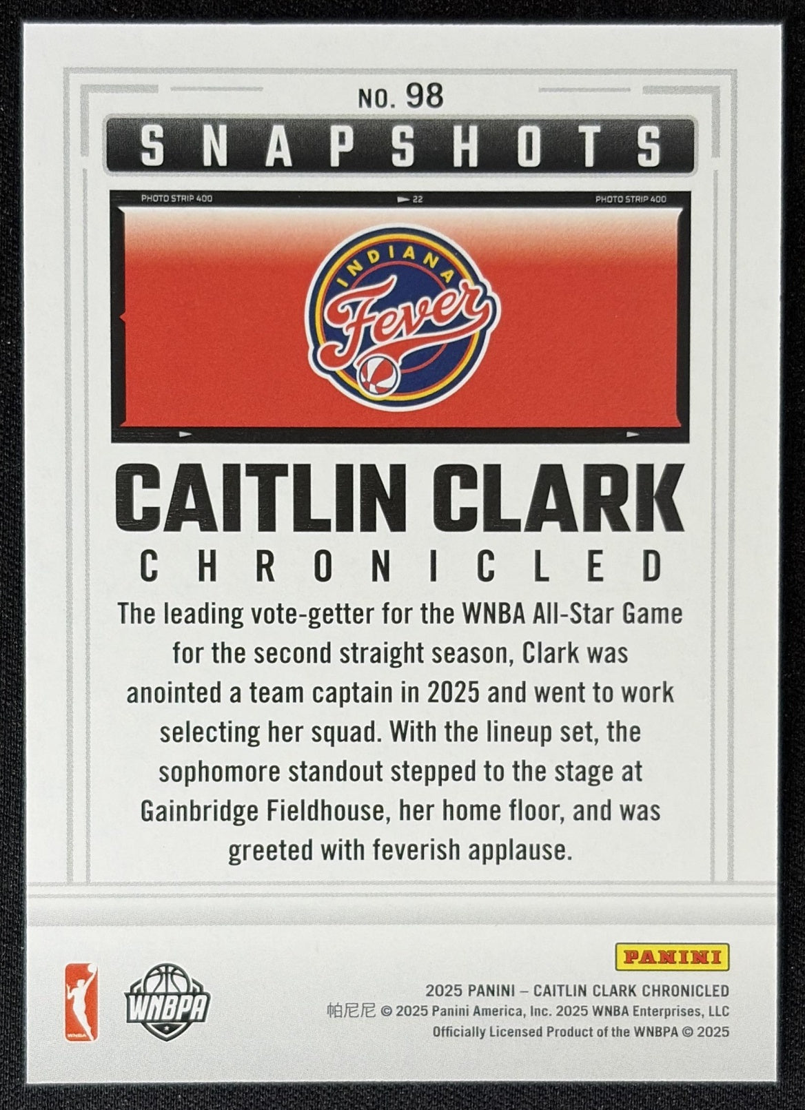 Caitlin Clark 2025 Panini Chronicled Snap Shots Holo Fever 98