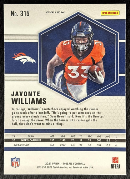 Javonte Williams 2021 Panini Mosaic Prizm Green Broncos Sports Trading Cards