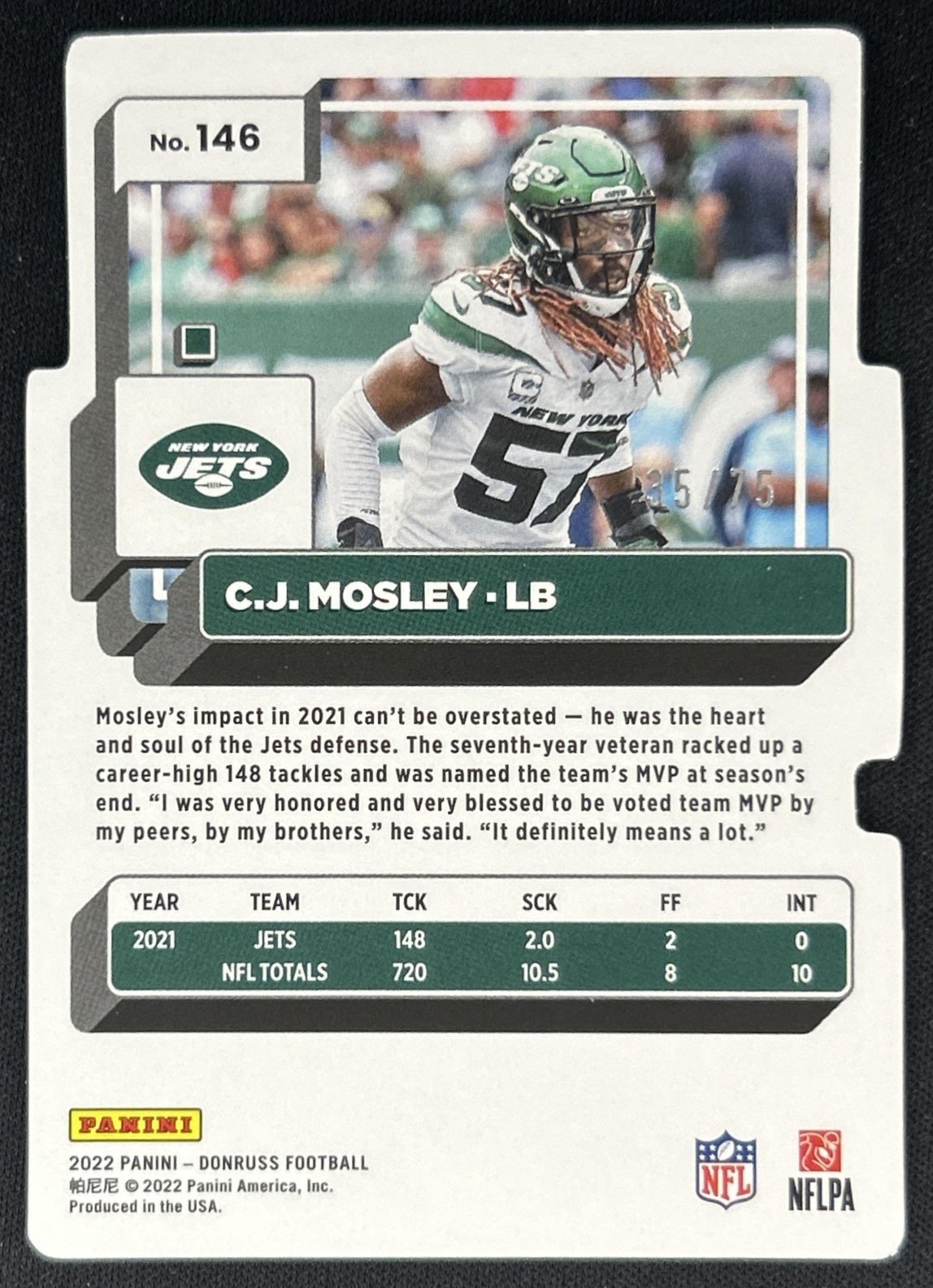 C.J. Mosley 2022 Panini Donruss Silver Die Cut Press Proof /75 Jets back