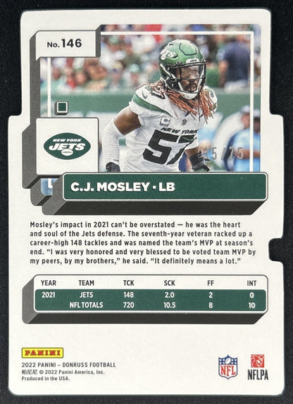 C.J. Mosley 2022 Panini Donruss Silver Die Cut Press Proof /75 Jets back