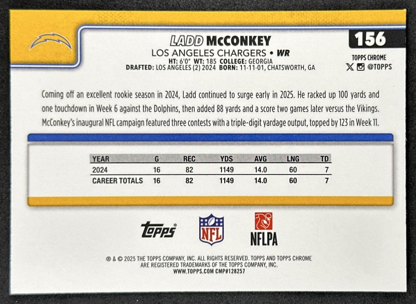 Ladd McConkey 2025 Topps Chrome RayWave Refractor Chargers Sports Trading Card