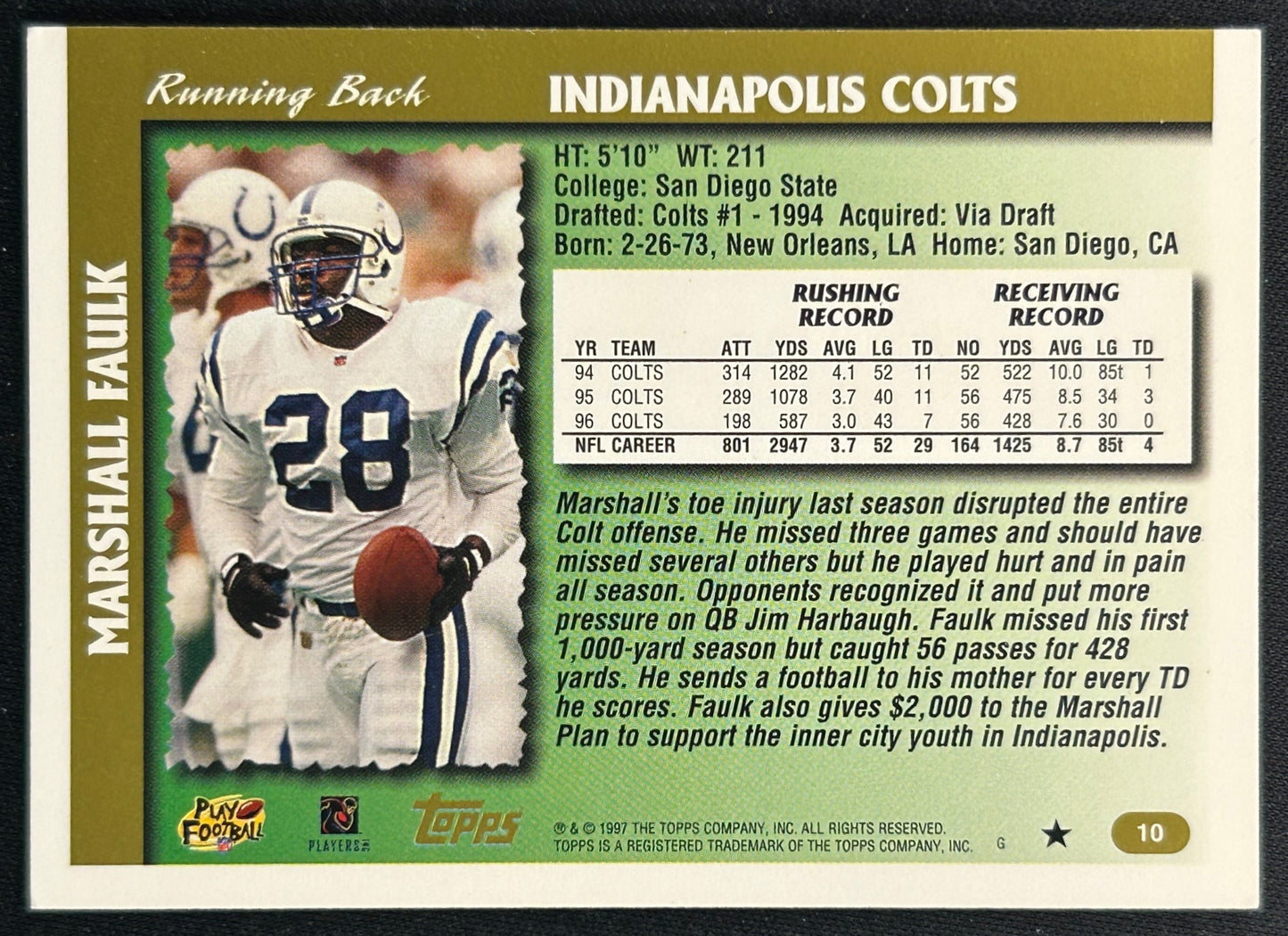 Marshall Faulk 1997 Colts Sports Trading Card
